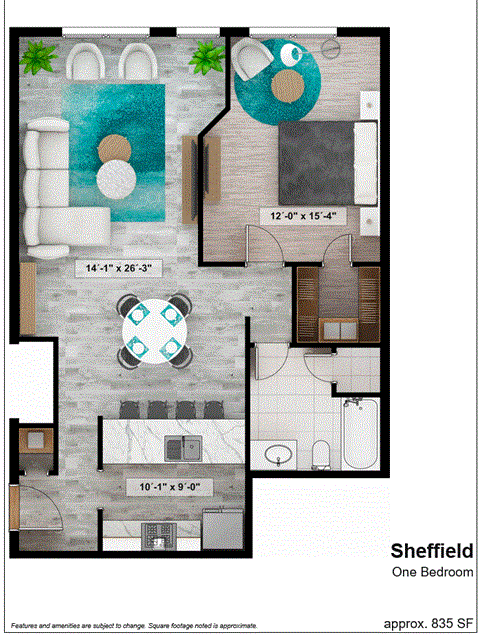 the floor plan of sheffield one bedroom apartment